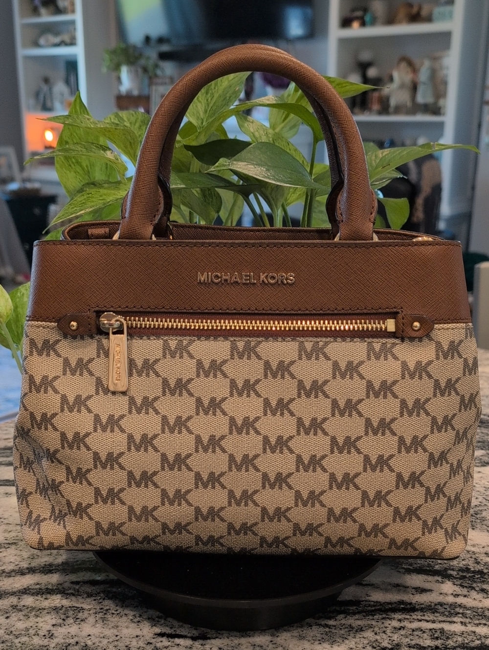 Michael Kors Hailee Brown Leather & Beige Signature Satchel